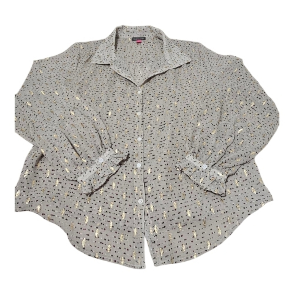 Vince Camuto Beige Button Blouse with Gold Metallic Dots Print Long Sleeve - Picture 3 of 10